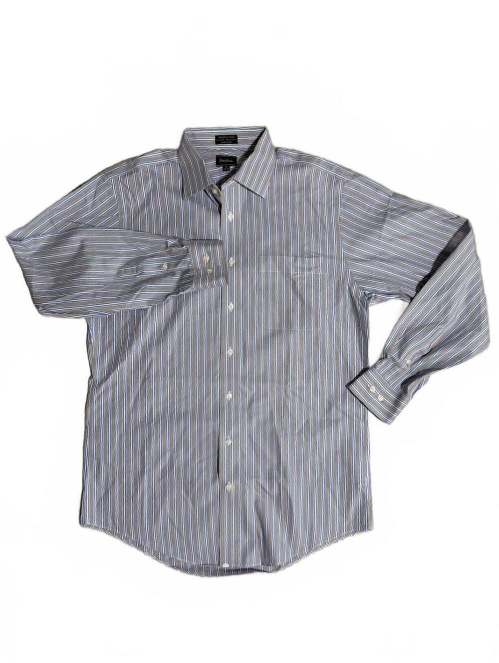 Neiman Marcus Men's Long Sleeve Button-Up Shirt Gray Striped 15.5 34/35